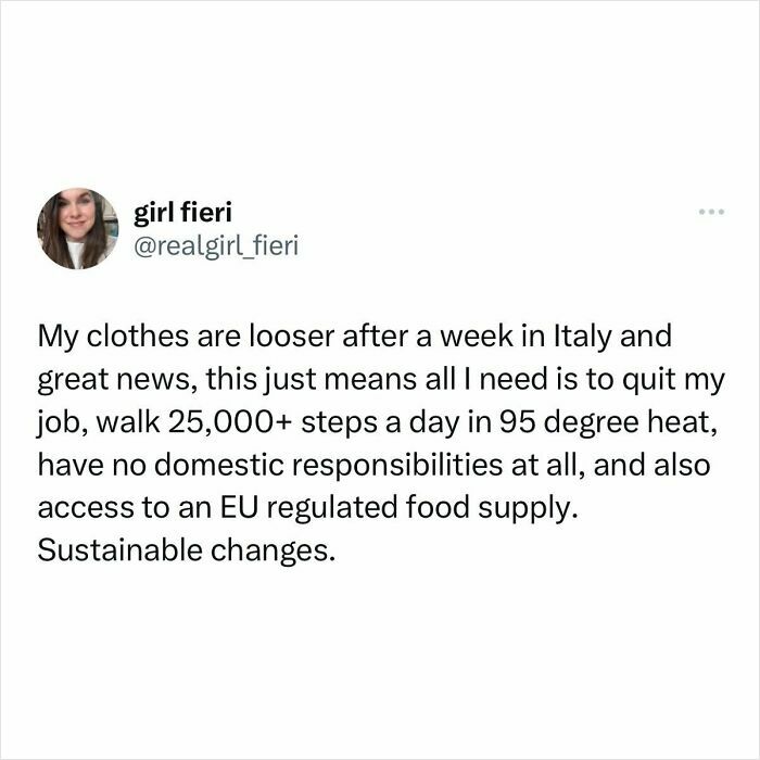 Tweet screenshot with a funny and relatable meme about lifestyle changes, humor, and everyday absurdities in memes.