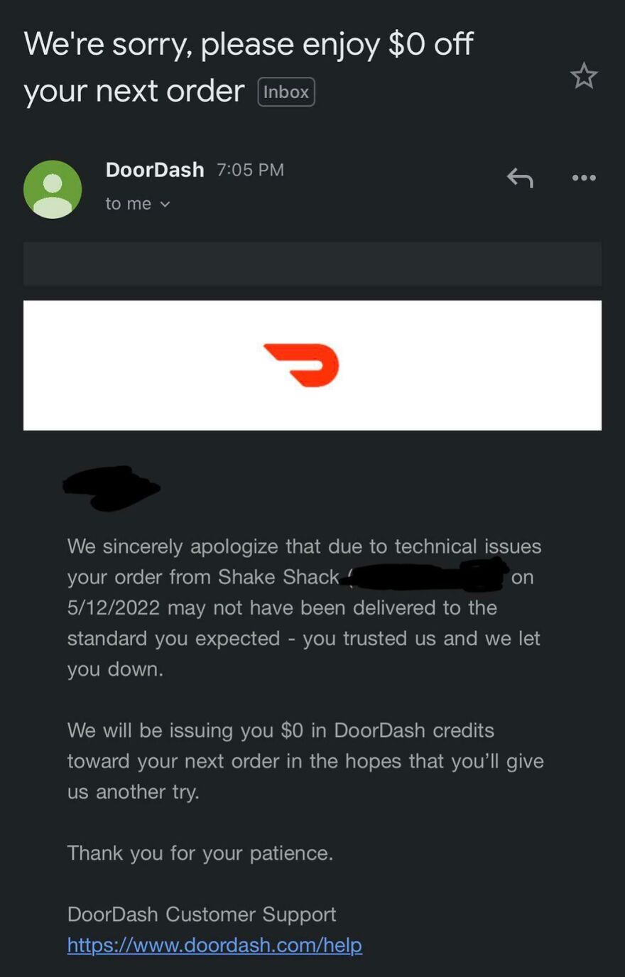 Email from DoorDash humorously apologizing with $0 credit, highlighting funny and random ChatGPT email examples.