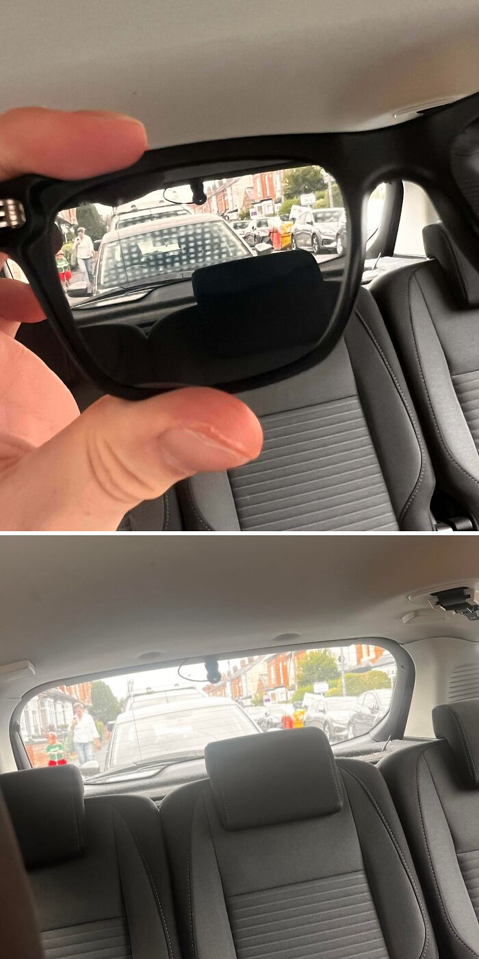 Sunglasses lens showing distorted car window pattern creating a strange and confusing visual effect inside the car.