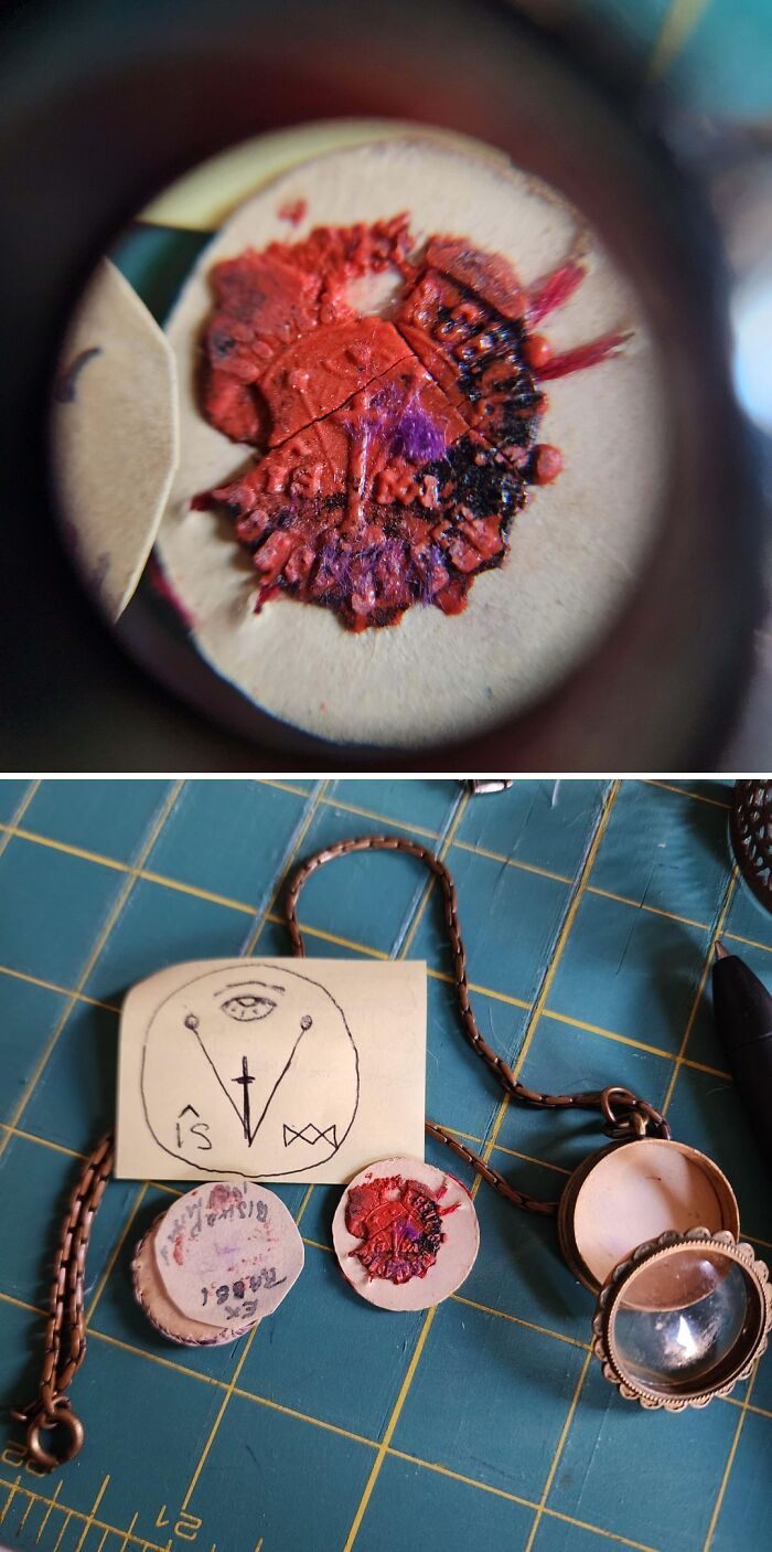 Close-up of a strange wax seal and symbols on paper, part of strange pics that show confusing and unusual objects.