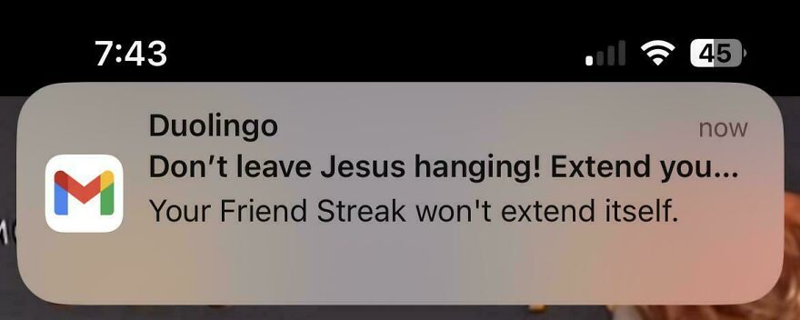 Screenshot of a Duolingo email notification urging to extend the Friend Streak, related to funny and random emails.