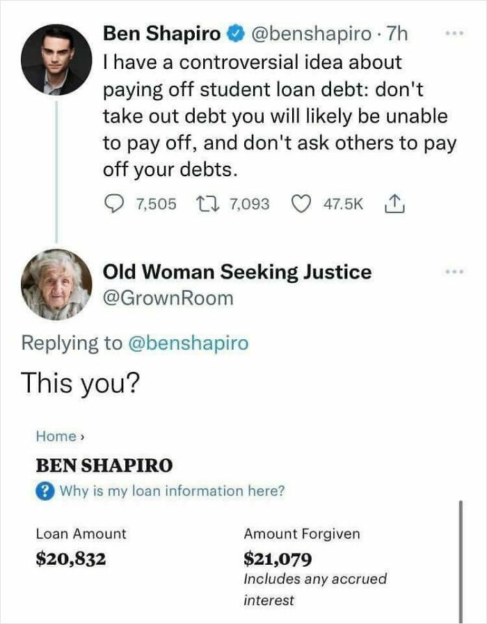 Twitter exchange showing a loan debt tweet used against Ben Shapiro on social media with loan details screenshot.
