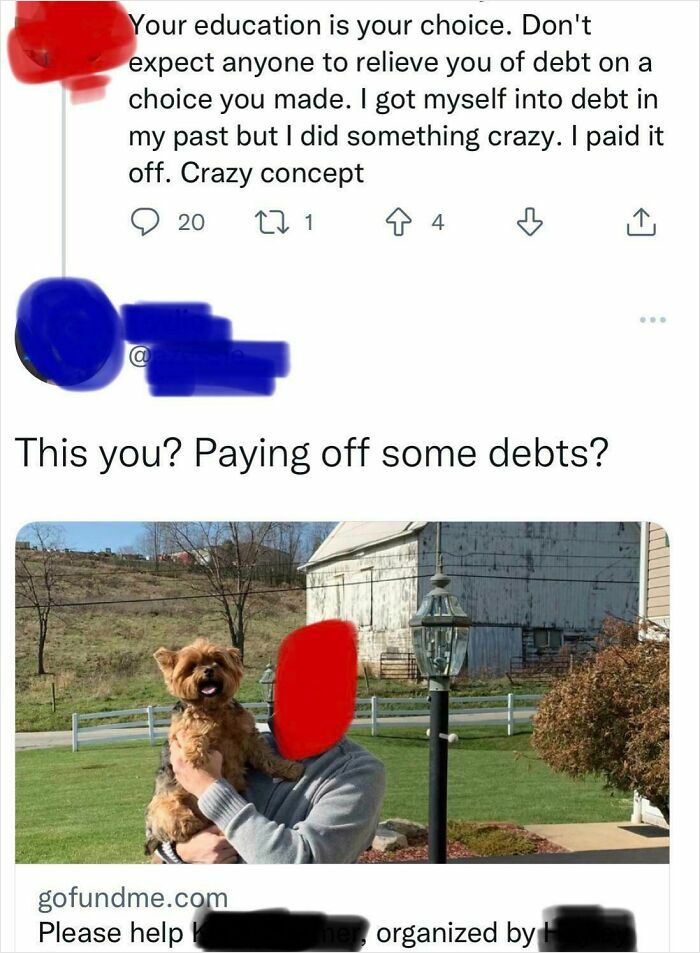 Social media post where someone's words about paying off debts are used against them with a GoFundMe plea.