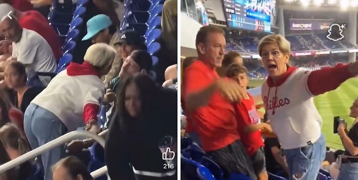 Woman at a sports event angrily confronts spectators, illustrating entitled Karen behavior missing a sense of shame.