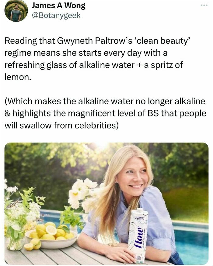 Tweet screenshot about alkaline water regime with a woman holding a carton, related to funny and relatable memes.