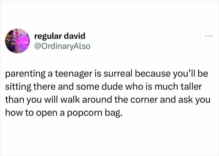 Funny and relatable meme about parenting teenagers and the surreal moments that happen in everyday life.