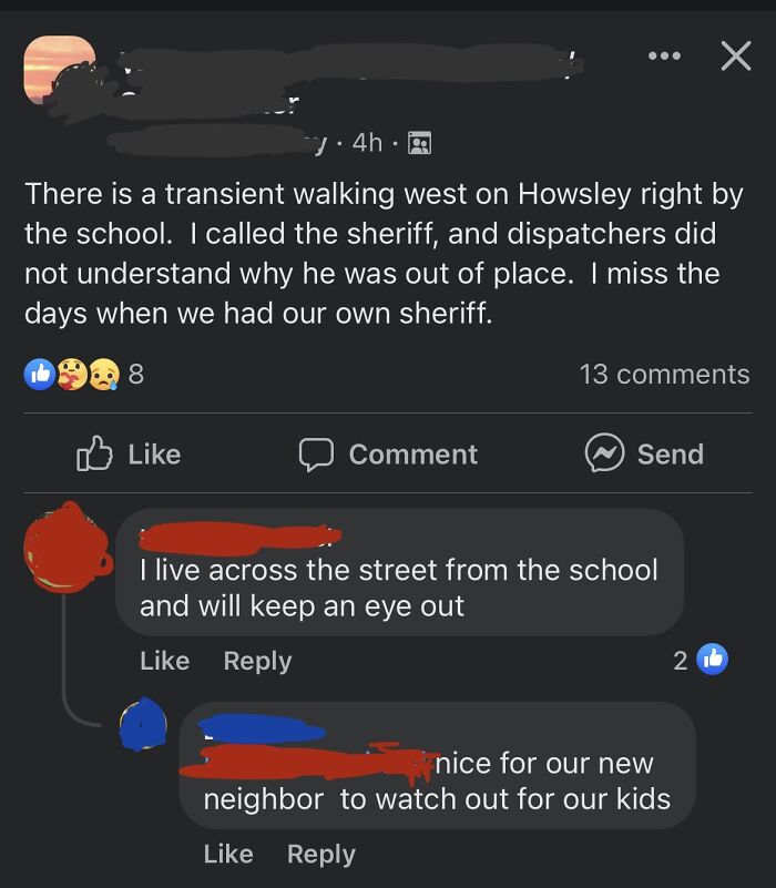 Facebook comments discussing a transient near a school, highlighting entitled behavior and concerns about neighborhood safety.