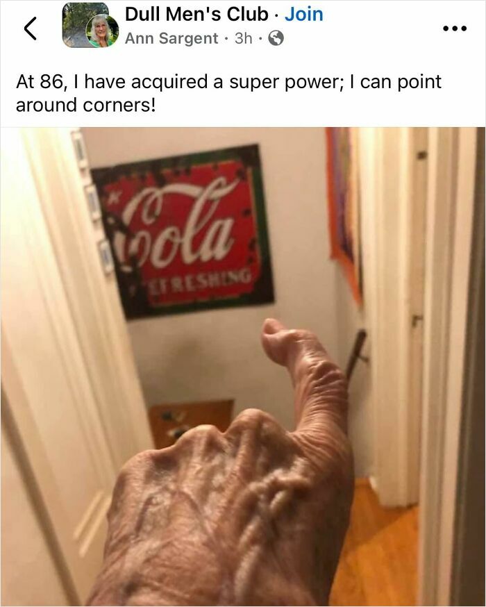Elderly hand humorously "pointing" around the corner, featured in funny and relatable memes that are ridiculous and random.