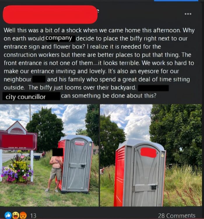 Instagram post complaining about an entitled Karen upset over portable toilet placement near entrance sign.