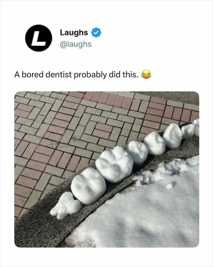 Snow sculpted to look like large teeth on the edge of a sidewalk for 65 funny memes about taking a break from being responsible.