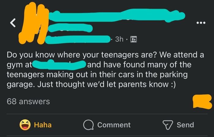 Screenshot of a social media post calling out entitled Karens complaining about teenagers making out in cars at a gym parking garage.