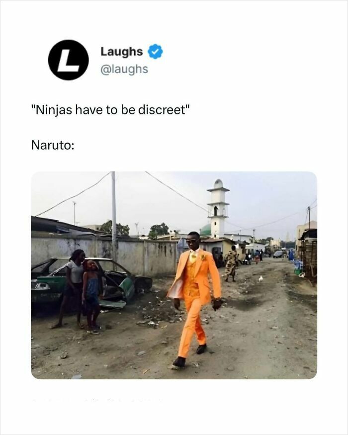 Man in bright orange suit walking confidently on a street, funny meme for a break from being a responsible adult.
