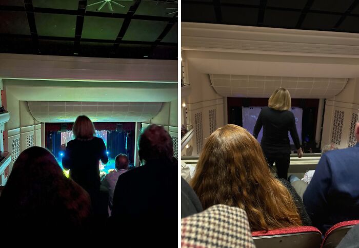 Audience members reacting to an entitled Karen standing and disrupting a live theater performance in a crowded venue