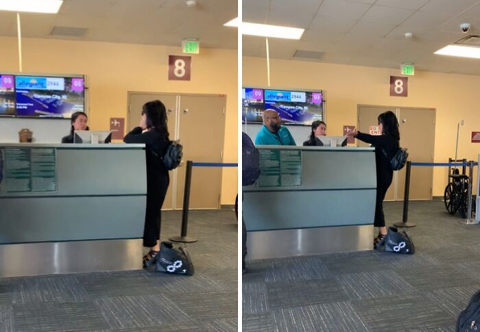 Woman confronting airline staff at airport check-in counter, illustrating entitled behavior of Karens called out by 73 people.