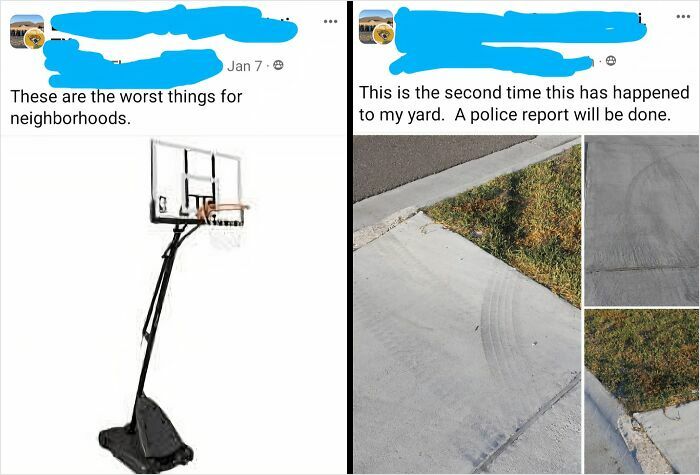 Social media posts showing neighborhood issues including basketball hoop complaints and tire marks on yards by entitled Karens.