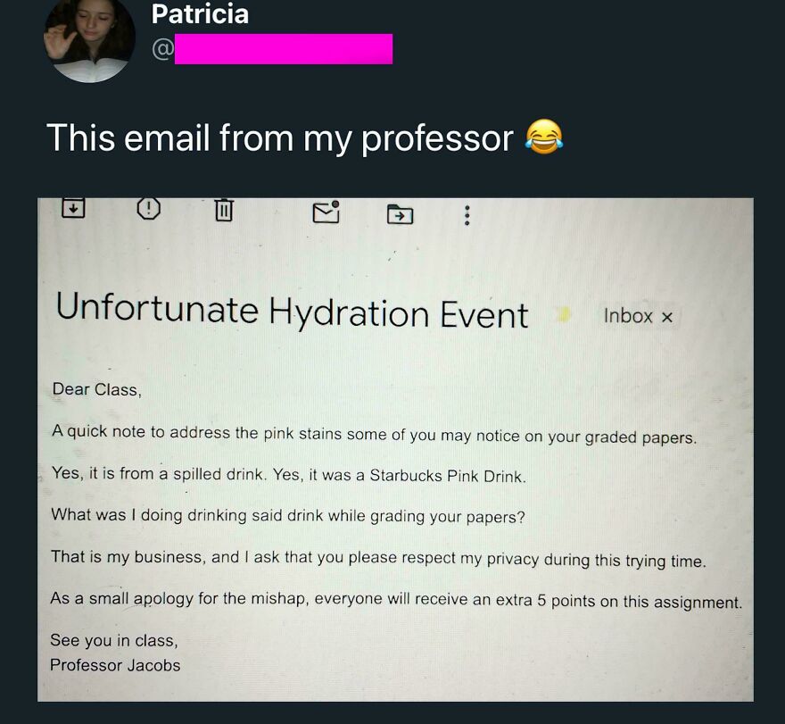 Screenshot of a funny email from a professor about a spilled Starbucks pink drink on graded papers, humorously addressing hydration.