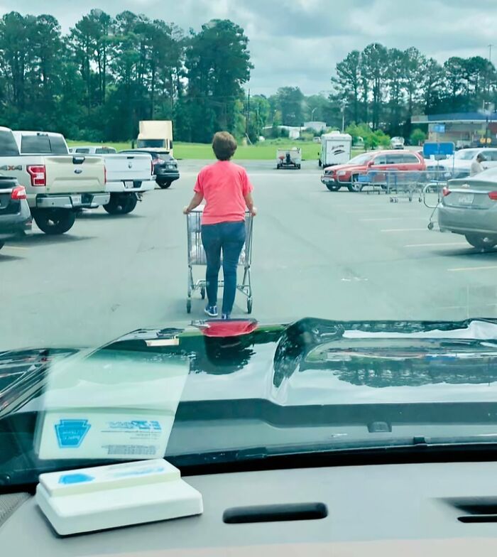 A person pushing a shopping cart in a parking lot, representing entitled Karens missing a sense of shame.