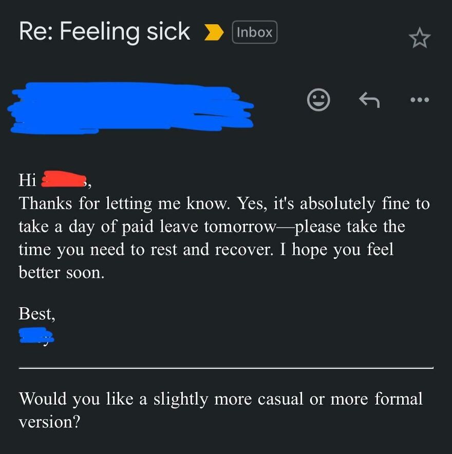 Email screenshot showing a boss approving paid leave and asking if a casual or formal ChatGPT email version is preferred.