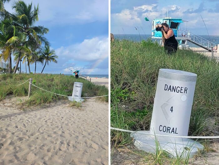 Beach scene with a person taking photos near a danger sign, illustrating entitled Karens missing sense of shame.