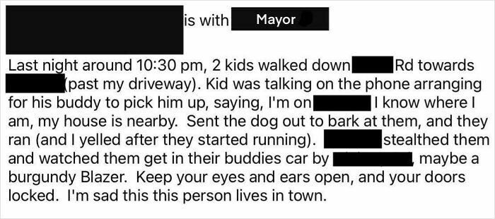 Redacted text showing a concerned resident warning about entitled Karens and urging caution in the neighborhood at night.