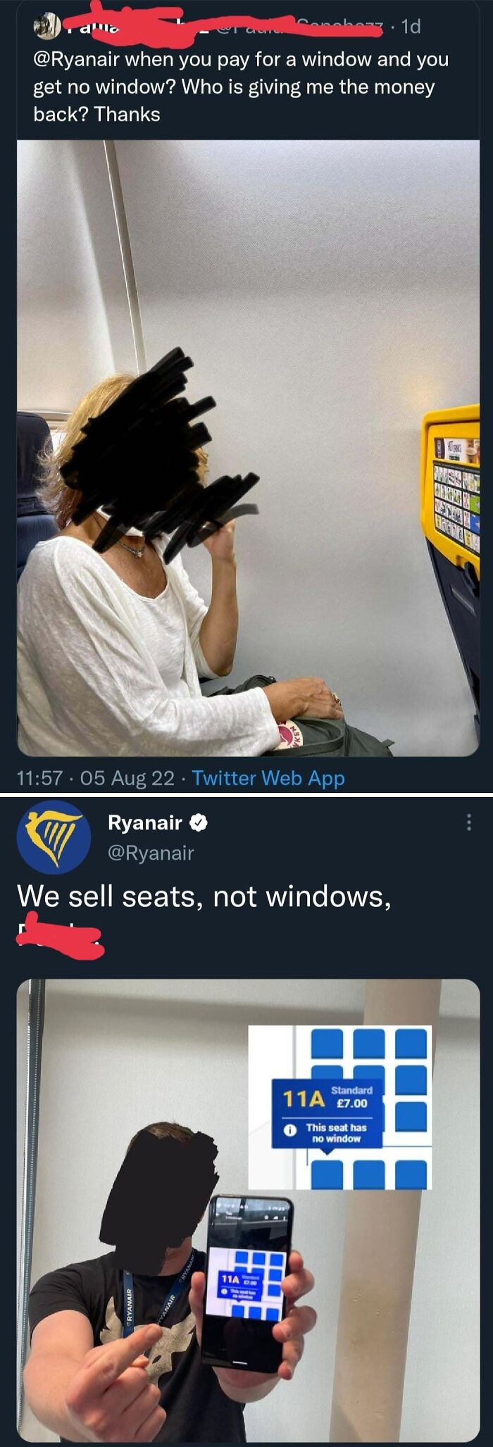 Passenger complains about no window seat, Ryanair replies seats sold without window guarantee in social media exchange about entitled Karens.