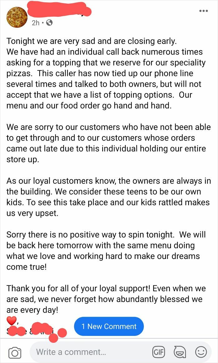 Facebook post from a pizza shop about dealing with an entitled caller disrupting orders and upsetting staff.