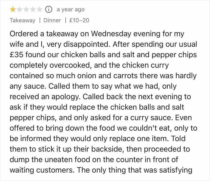 Customer review text showing a negative takeaway experience involving overcooked food and poor service from an entitled Karen.