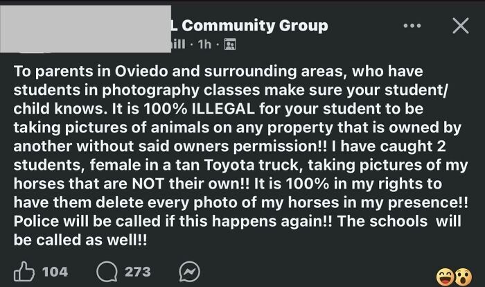 Facebook post calling out entitled Karens for taking photos without permission and warning about legal consequences for property owners.