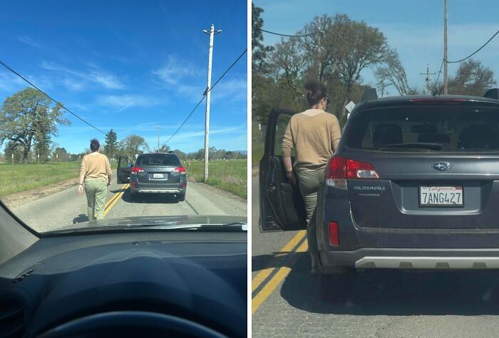 Woman standing outside a car in the middle of a rural road, highlighting entitled Karen behavior and confrontation.