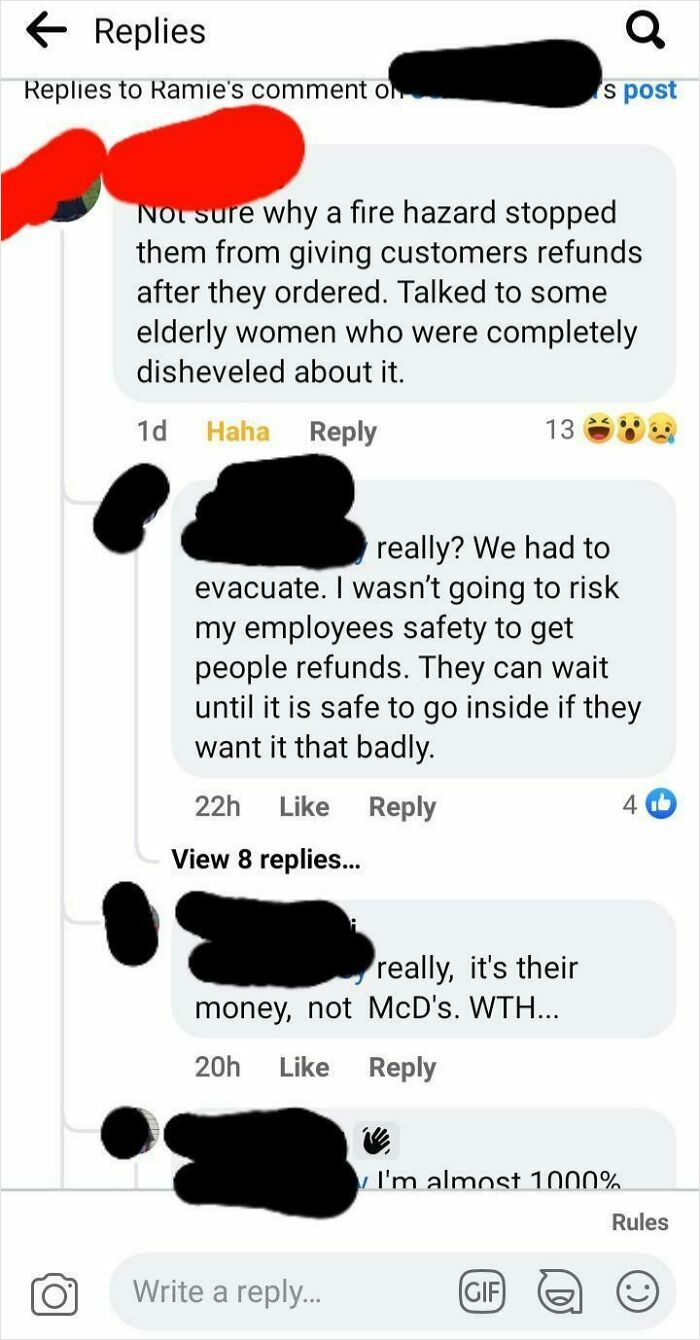 Screenshot of social media replies debating refunds and safety concerns involving entitled Karens lacking shame.