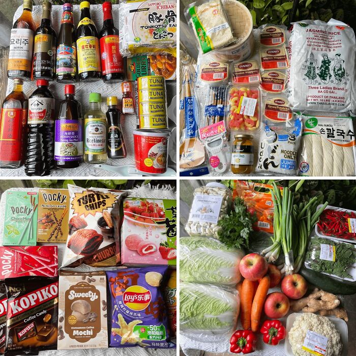 Various groceries including Asian sauces, snacks, fresh vegetables, and packaged foods showing grocery costs by location.