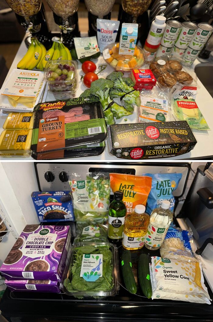 Two sets of groceries displayed on a kitchen counter illustrating grocery costs where people live with organic and packaged items.