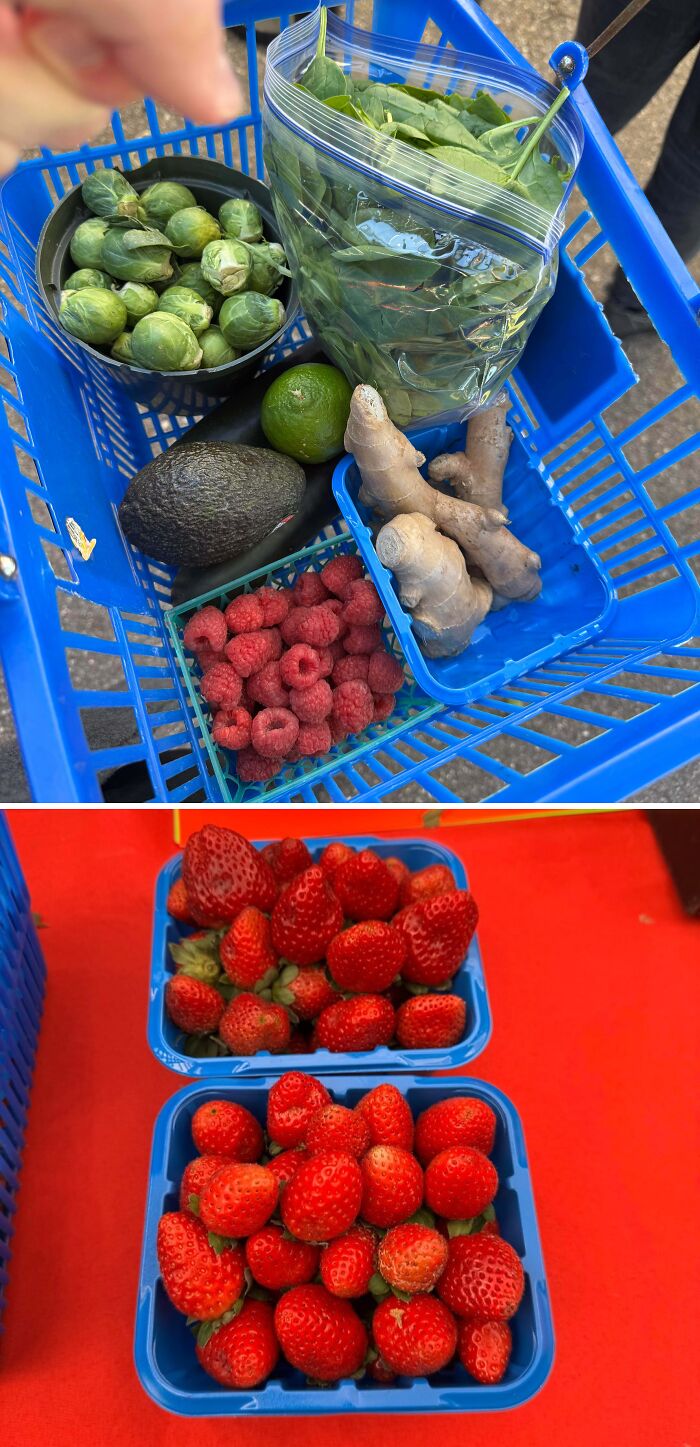 Top image of fresh groceries including raspberries, ginger, spinach, avocado, lime, and brussels sprouts in a blue basket, bottom image of two containers of strawberries on a red surface showcasing grocery cost differences.