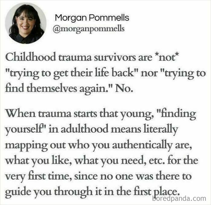 Text post about childhood trauma survivors mapping out their authentic selves, a relatable meme for scrolling instead of dealing with problems.