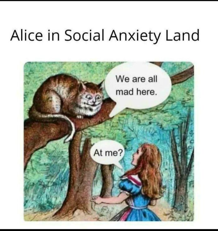 An illustration of Alice and the Cheshire Cat from Alice in Wonderland, depicting social anxiety themes.
