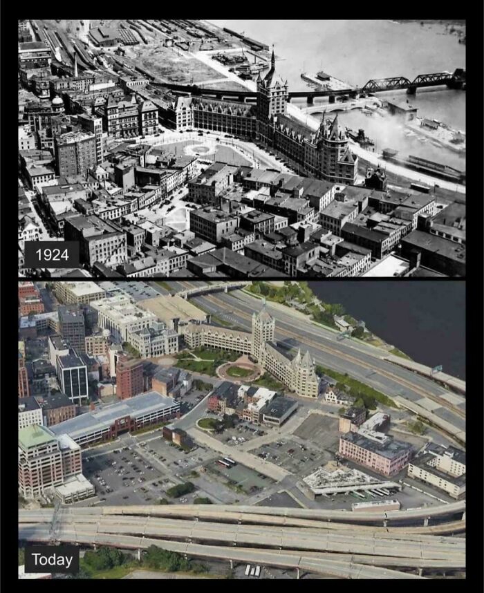 Urban hell city aerial comparison of 1924 and today showing urban decay and infrastructure
