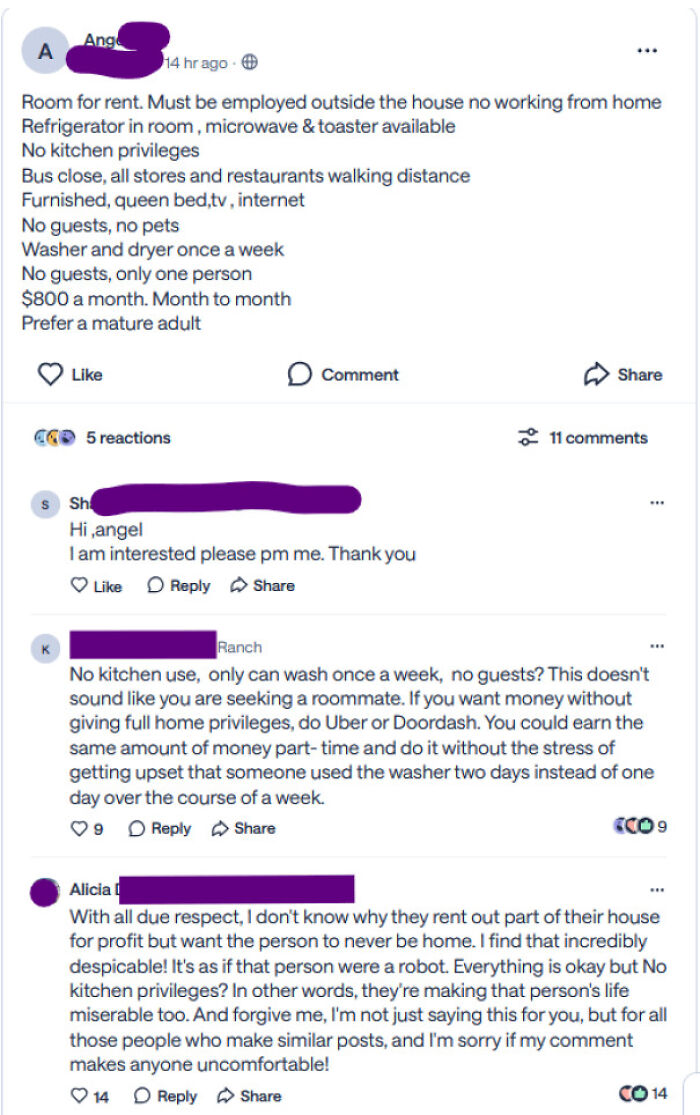 Hilarious neighborhood online community screenshot of a room for rent post with strict rules.