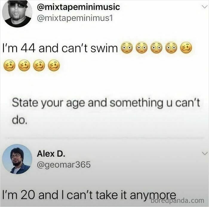 Social media meme showing funny relatable tweets about age and things people can't do for humorous scrolling.