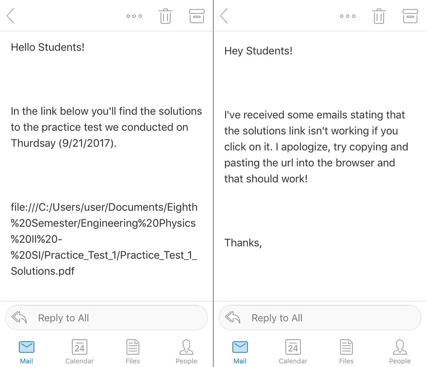 Screenshot of emails showing a teacher sharing test solutions with students, illustrating funny and random email content.