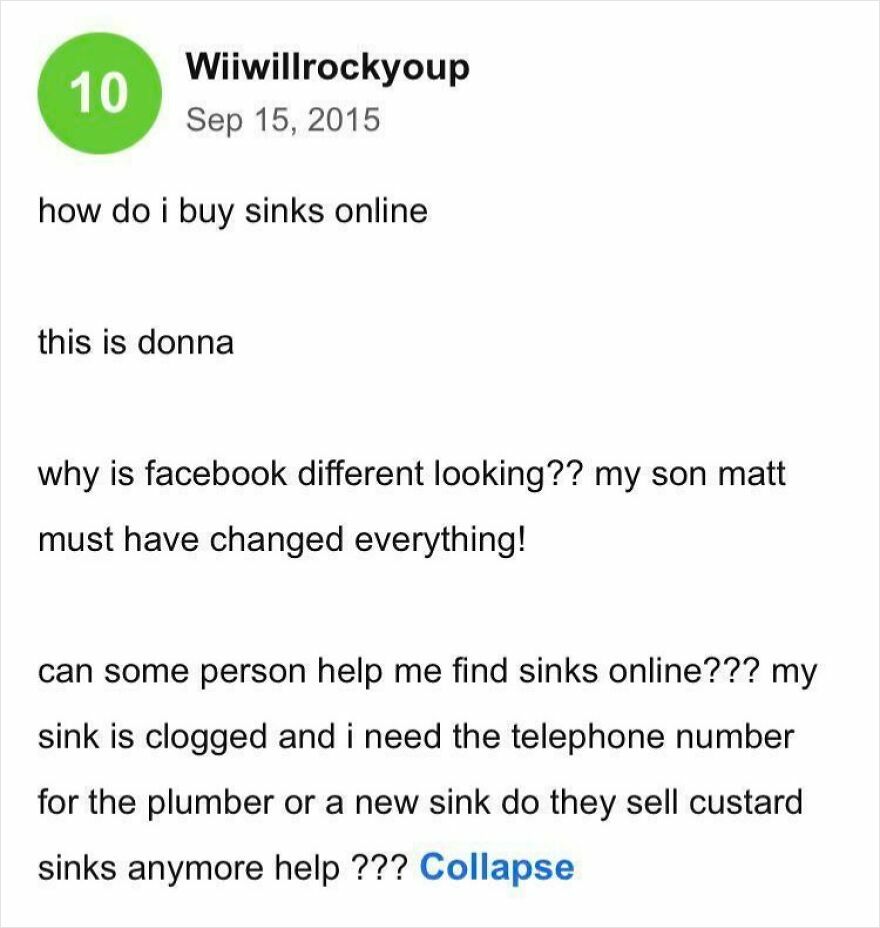 Screenshot of a funny random email asking how to buy sinks online and mentioning Facebook changes.