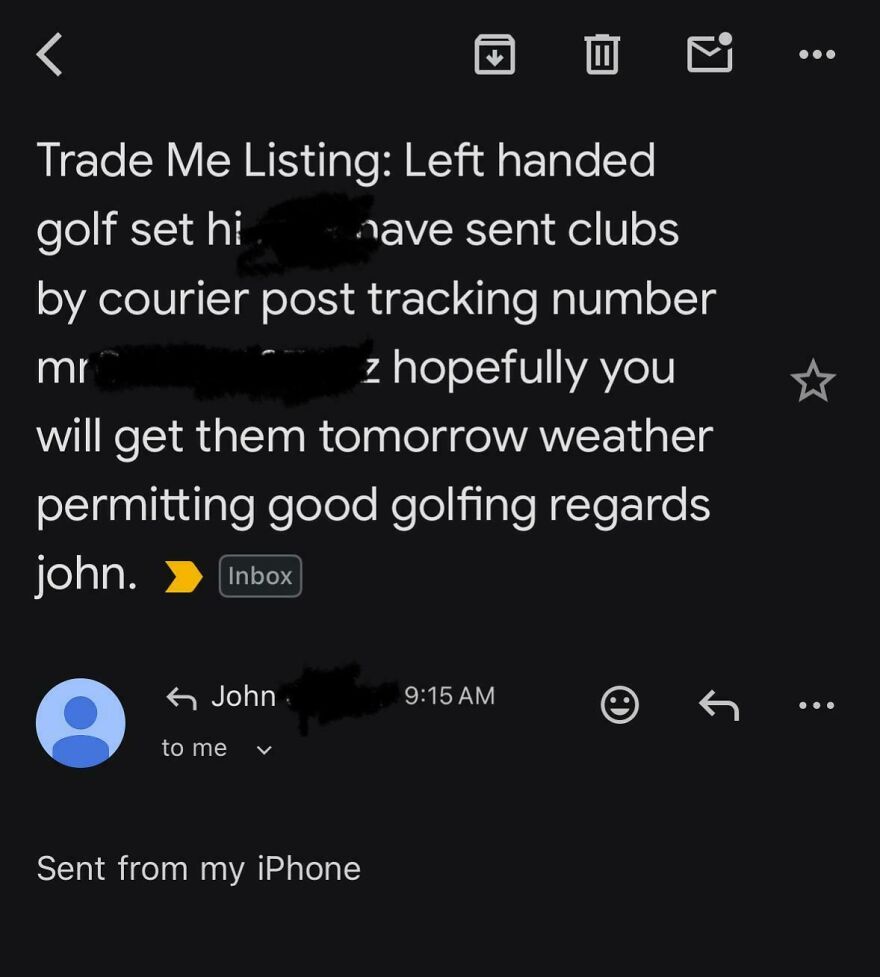 Email screenshot showing a humorous message about a left-handed golf set, hinting if a boss is using ChatGPT to email.