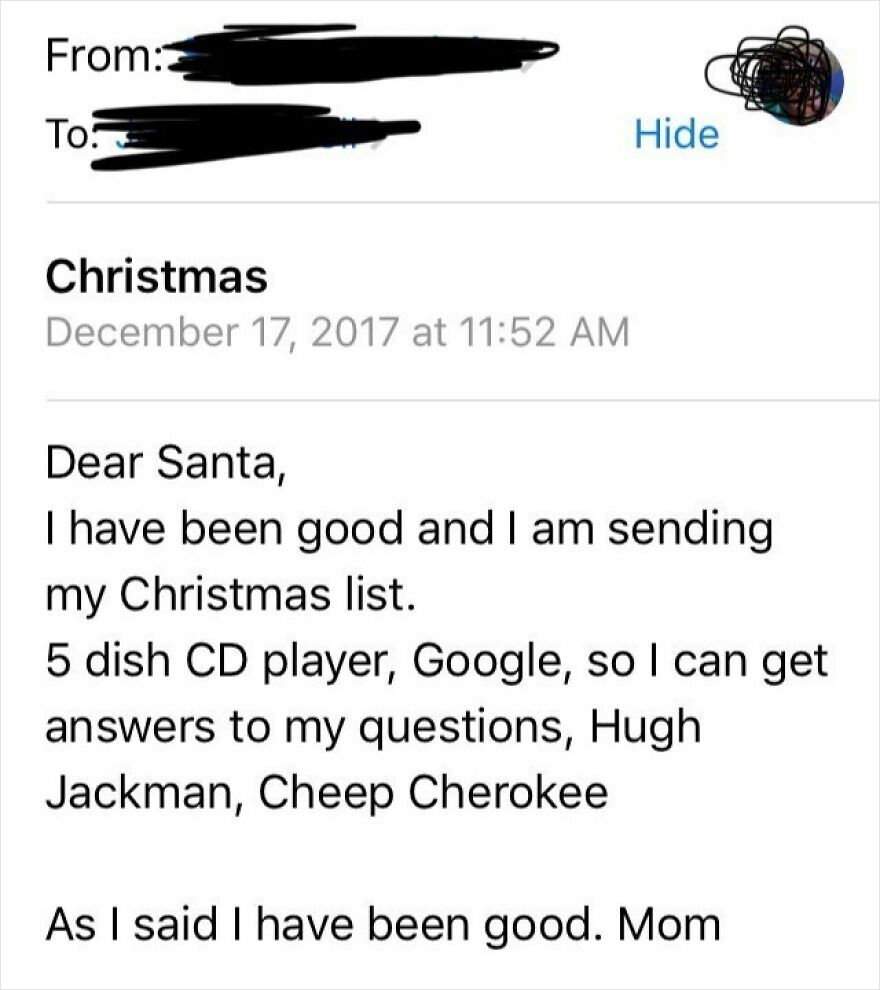 Email screenshot of a humorous Christmas list showing a playful tone in a funny work-related email.