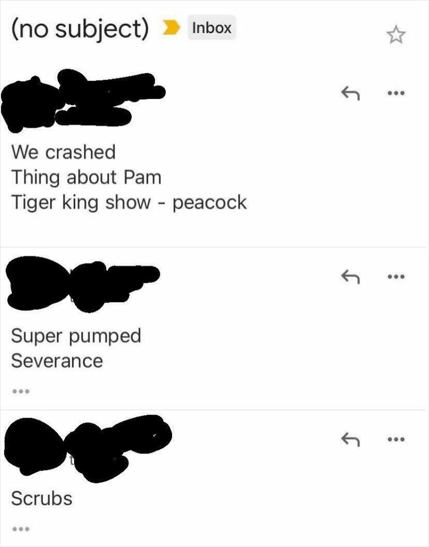 Email screenshot showing random short messages referencing TV shows, illustrating funny and random emails possibly generated by ChatGPT.