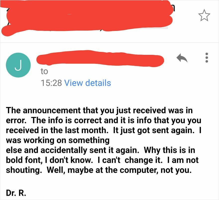 Email screenshot showing a humorous message with repeated info and bold text, questioning use of ChatGPT in emails.