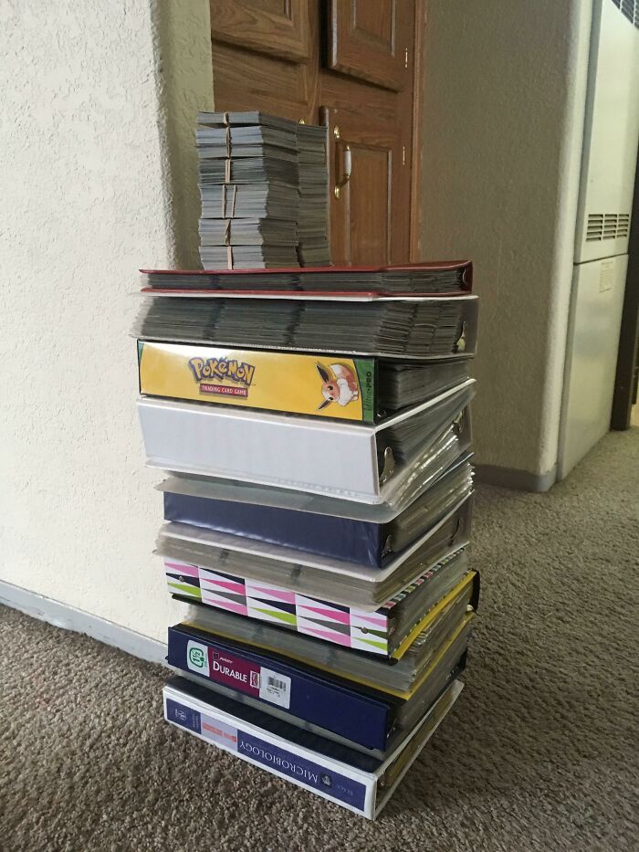 Stack of binders and neatly bundled trading cards showing an impressive collection from enthusiast obsessed with collecting.