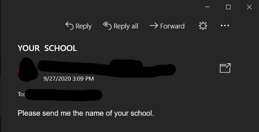 Email interface showing a message asking to send the name of your school, hinting at funny or random ChatGPT-generated emails.