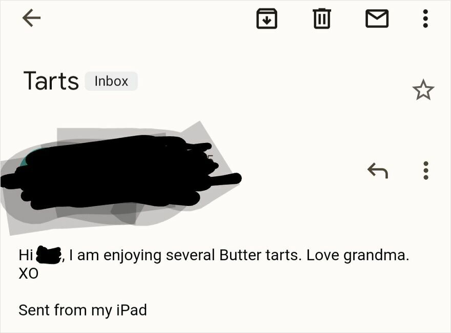 Email screenshot showing a humorous message about enjoying butter tarts, highlighting funny and random emails theme.
