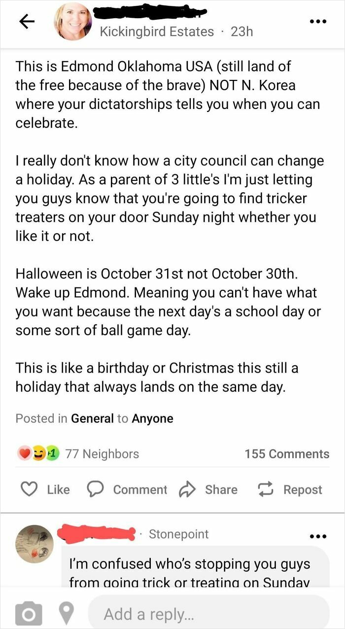 Social media post calling out entitled Karens for debating Halloween date change in Edmond, Oklahoma community group.