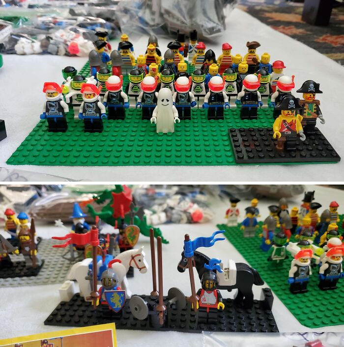 Collection of LEGO minifigures and medieval knights with horses, showcasing a passionate toy collection obsession.