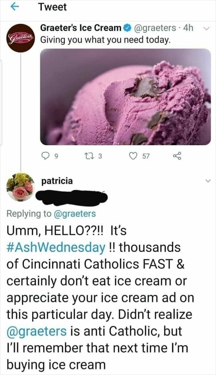 Twitter exchange showing a customer calling out an ice cream brand, highlighting entitled Karen behavior and lack of shame.